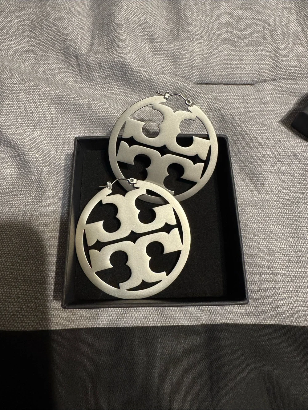 Tory Burch Silver Logo Cutout Hoop Earrings